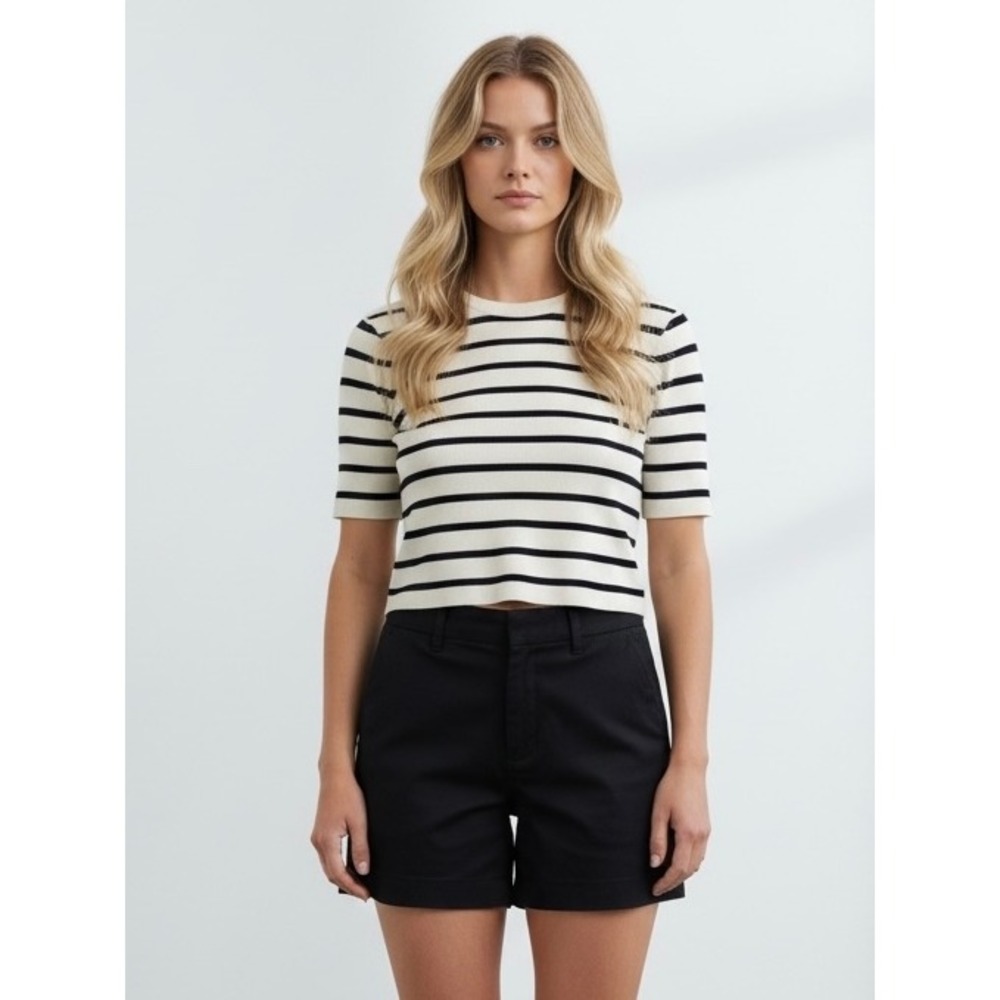Zara Black & Off White Striped Crewneck Crop Knit Top
